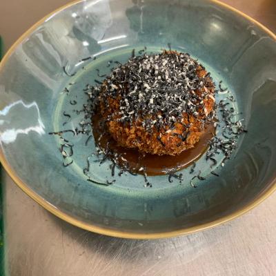 Braised Beef Croquette Charcoal Cheddar And Brown Sauce